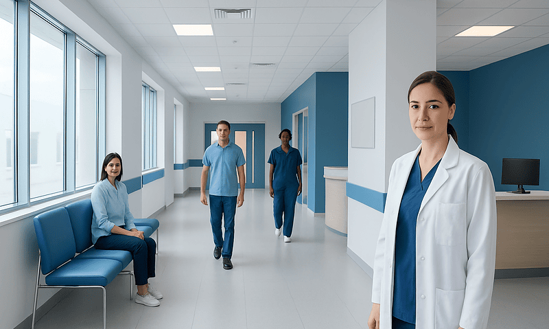 Healthcare professionals in a modern hospital corridor with a doctor in the foreground.