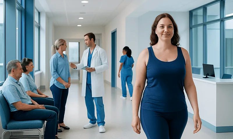 Healthy woman in hospital corridor after weight loss surgery consultation.