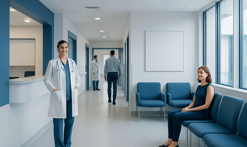 Modern hospital corridor with medical staff and patient seating area.