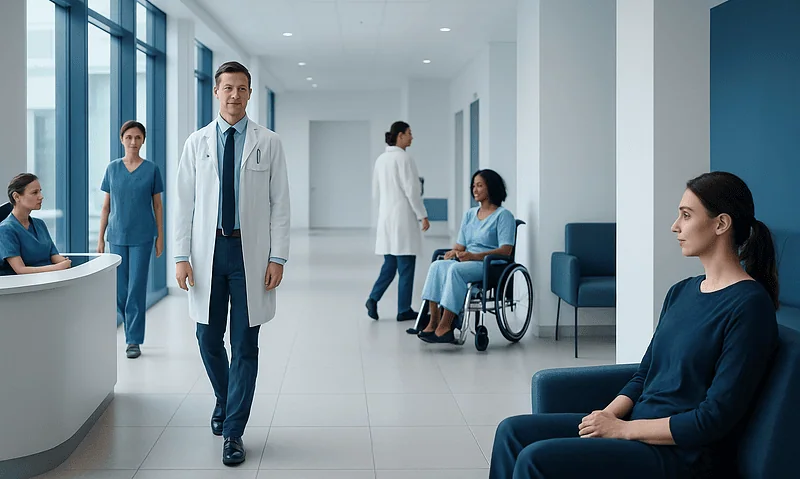 Medical team and patients in a modern hospital corridor.