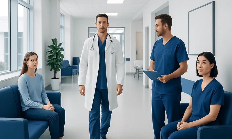 Medical consultation with a diverse team of healthcare professionals in a modern hospital.