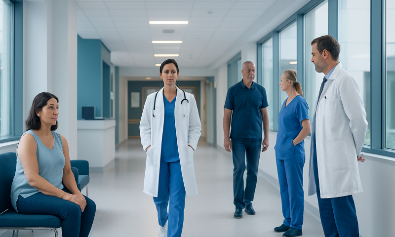 Medical team discussing patient care in hospital corridor.