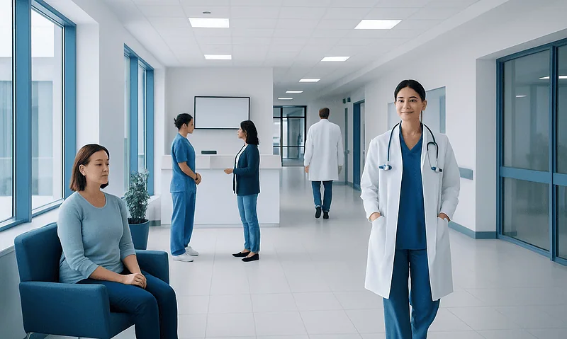 Healthcare professionals and patient in a modern hospital corridor.
