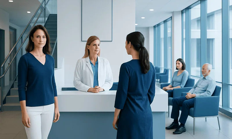 Patients and staff in a modern hospital reception area at Acibadem Hospitals Group.