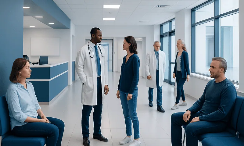 Medical consultation in a modern hospital corridor with healthcare professionals and patients.