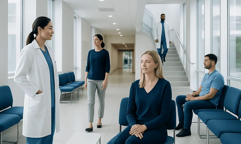 Medical consultation in a modern hospital corridor with healthcare professionals and patients.