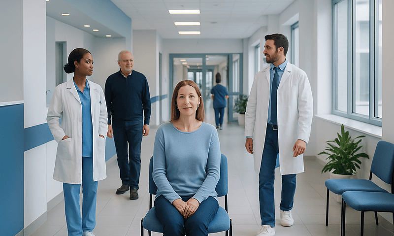 Patient in hospital corridor with medical staff and doctor.