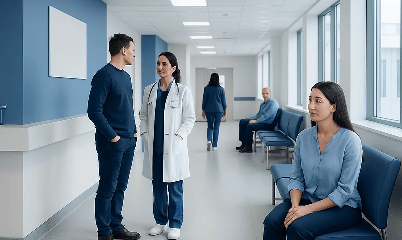 Medical consultation at Acibadem Hospital with doctor and patients.