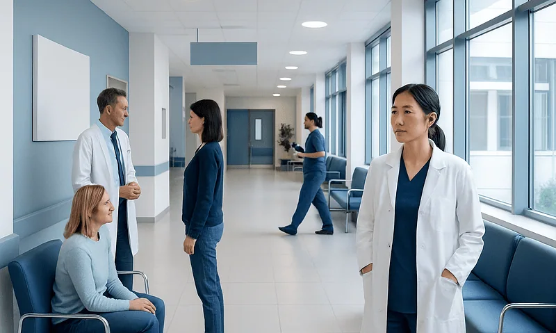 Medical consultation in a modern hospital corridor with healthcare professionals and patient.