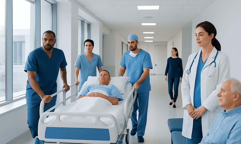 Medical team preparing patient for surgery in hospital corridor.