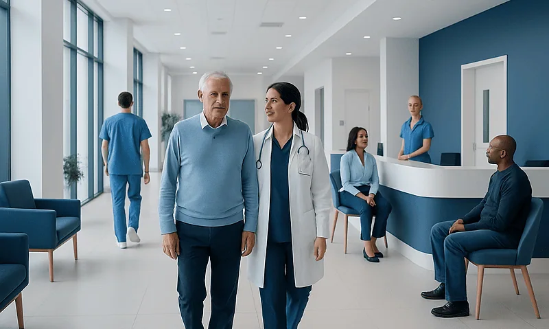 Heart Bypass Surgery Cost in Turkey: What Affects the Price? 9 Senior patient and doctor walking in hospital corridor with staff in background.