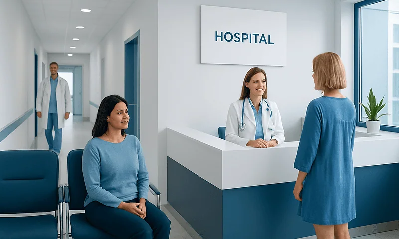 Hospital reception area with staff and patient in a modern healthcare facility.