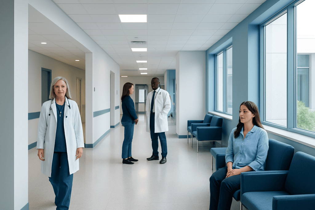Brazilian Tummy Tuck vs Classic Tummy Tuck: Key Differences 1 Hospital corridor with medical staff and patient in waiting area.