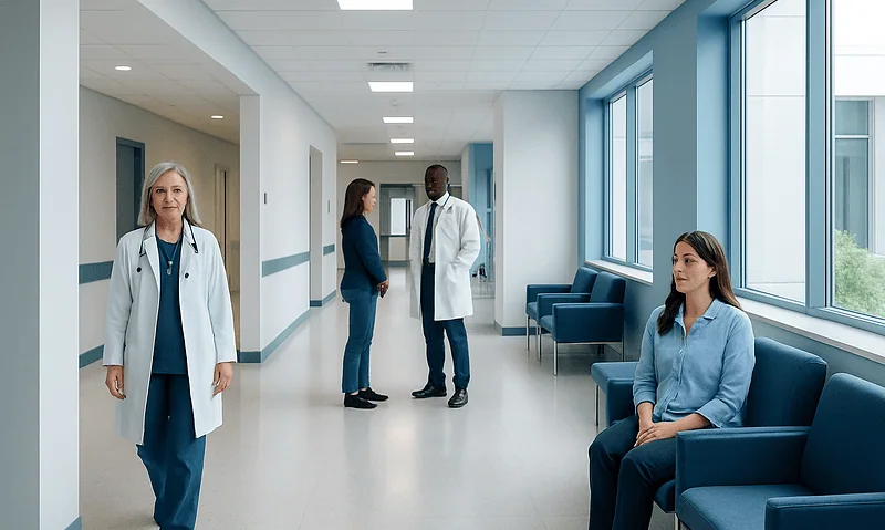Hospital corridor with medical staff and patient in waiting area.