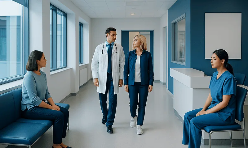 Medical consultation in a modern hospital with doctors and patients.