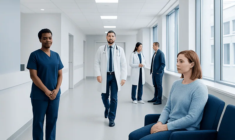 Medical team consulting patient in hospital corridor.