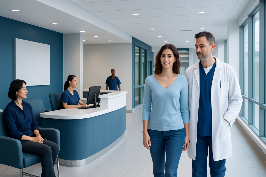Breast Prosthesis Removal: Reasons, Procedure, and Recovery 1 Patient walking with doctor in hospital corridor at Acibadem Hospitals Group.