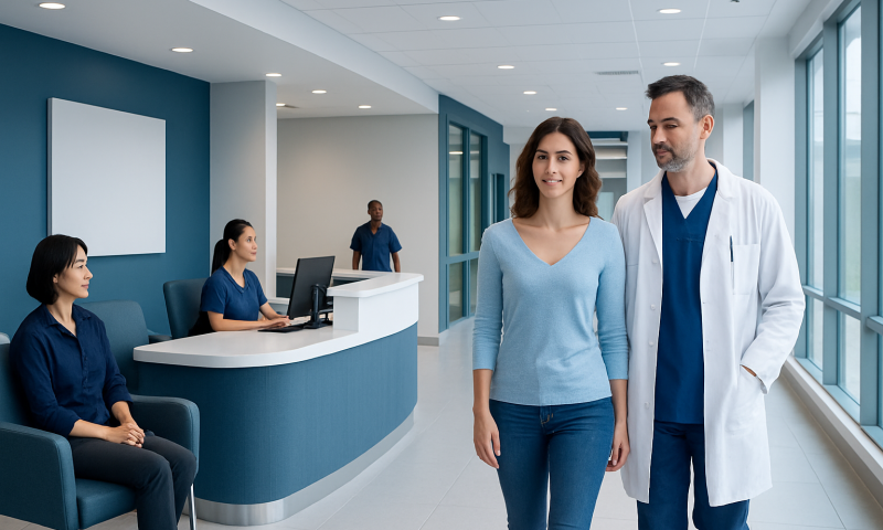 Patient walking with doctor in hospital corridor at Acibadem Hospitals Group.