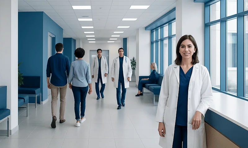 Medical team in hospital corridor with large windows and modern design.