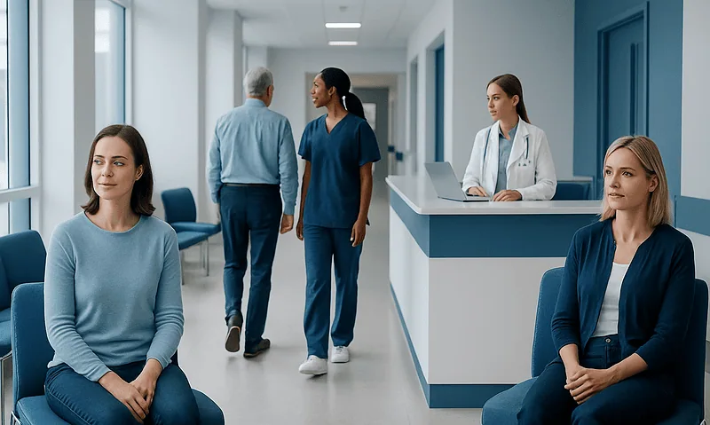 Patients waiting in a hospital corridor with medical staff nearby.