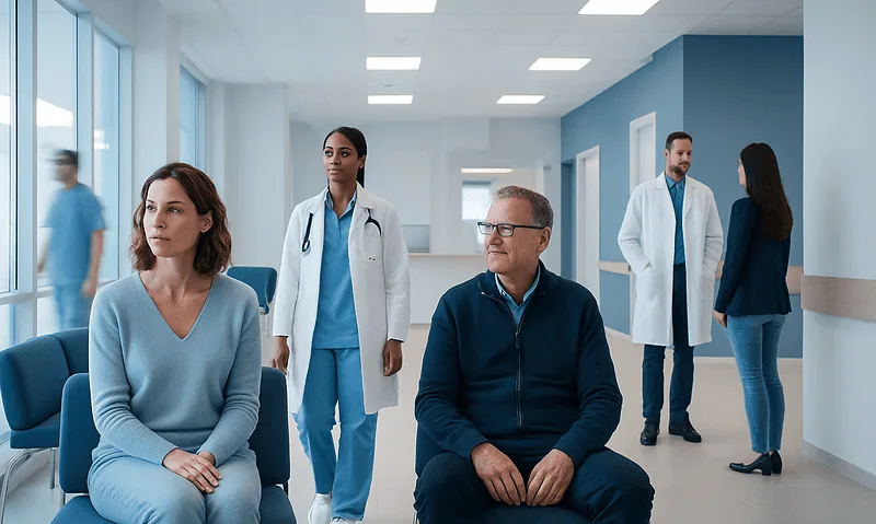 Patients waiting in a hospital corridor with medical staff present.