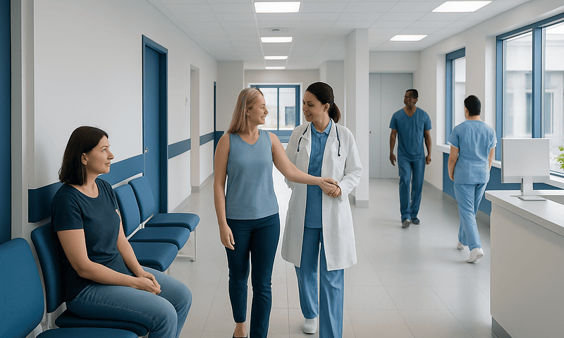 Patients and doctor in hospital corridor, healthcare setting.