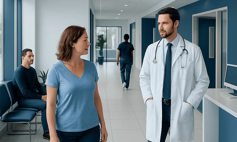 Doctor talking to a patient in a hospital corridor at Acibadem Hospitals Group.