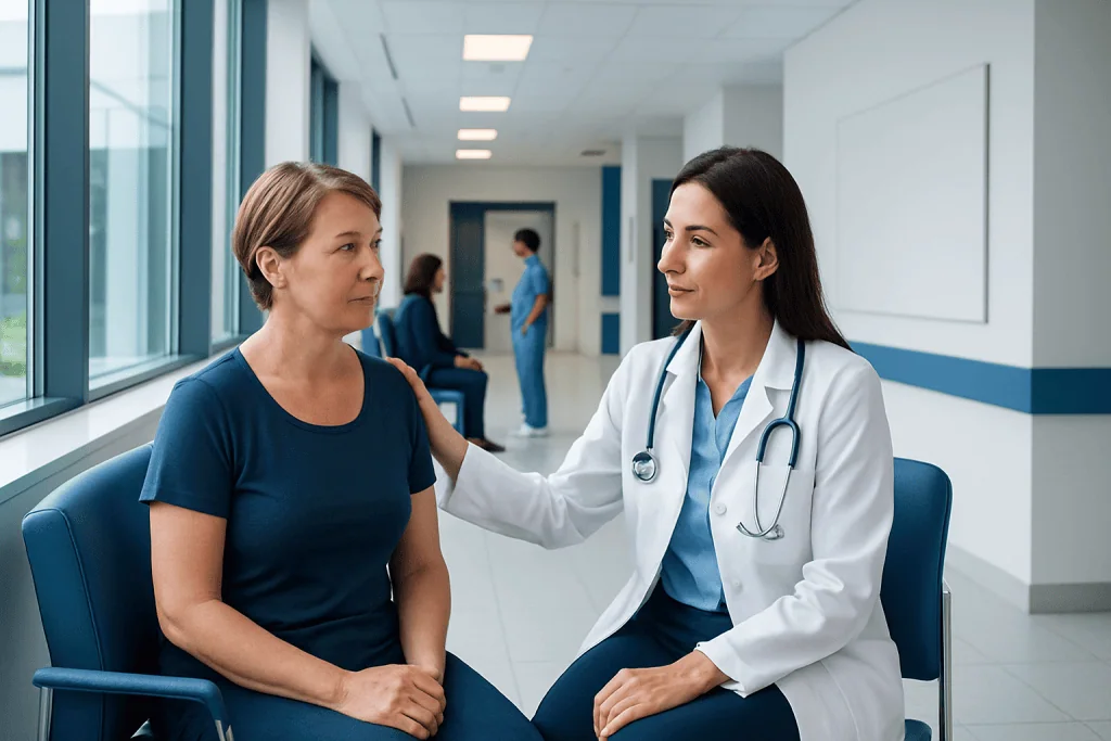 Breast Reconstruction Options After Mastectomy: Implant or Flap? 1 Doctor consulting with a patient in a hospital corridor.