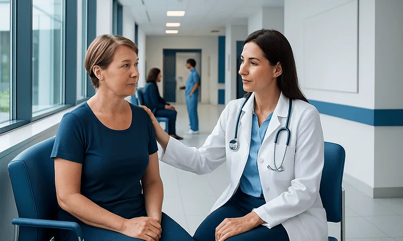 Doctor consulting with a patient in a hospital corridor.