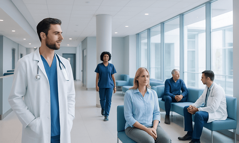 Medical consultation at Acibadem Hospital with doctors and patient in modern clinic.