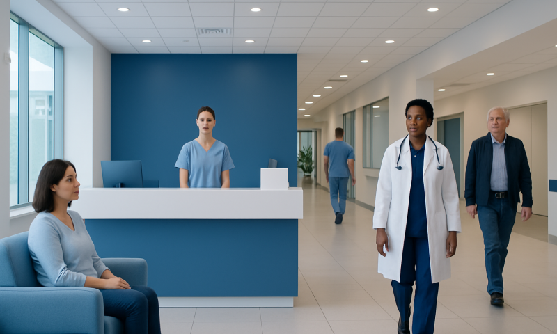 Hospital reception area with staff and patients in a modern medical facility.