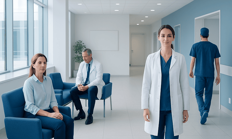 Medical professionals and patients in a modern hospital corridor.
