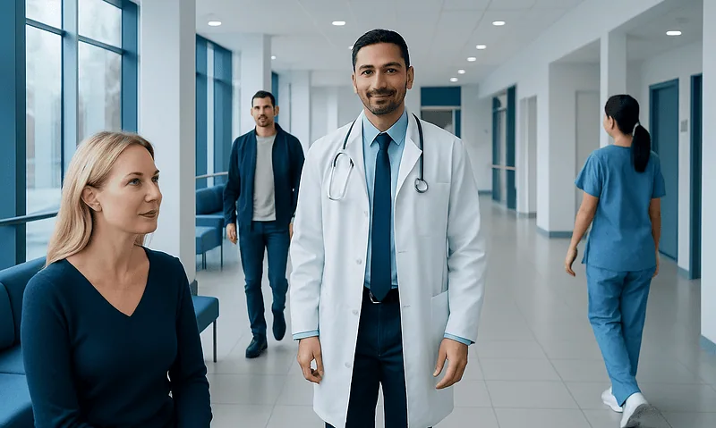 Medical team at Acibadem Hospital discussing patient care in a modern facility.
