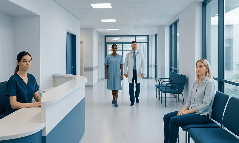 Hospital waiting area with patients and staff in a modern medical facility.