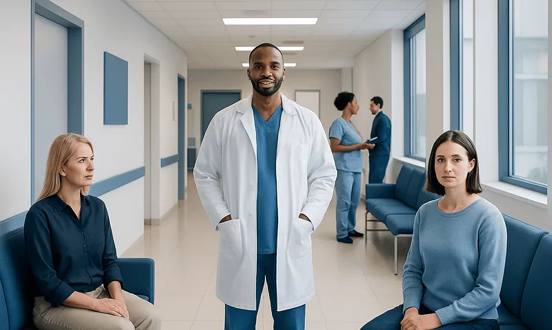 Medical professionals and patients in a hospital corridor.