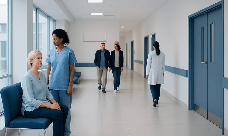 Patient waiting in hospital corridor with medical staff nearby.