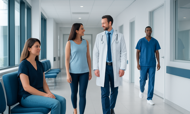 Doctor talking to patients in hospital corridor at Acibadem Hospitals Group.