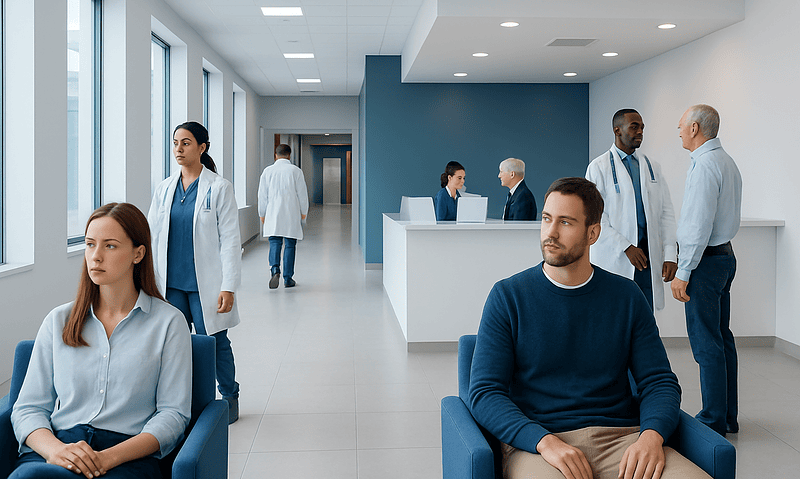 Modern hospital waiting area with medical staff and patients.