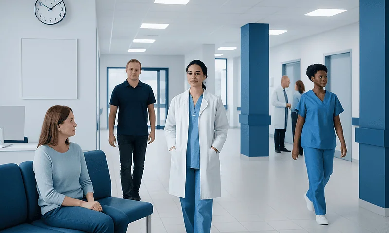 Hospital staff and patient in a modern medical facility corridor.