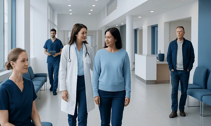 Medical consultation at Acibadem Hospital with healthcare professionals and patients.