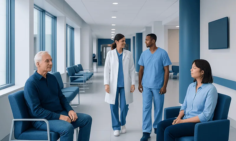 Medical professionals consulting with a patient in a modern hospital corridor.
