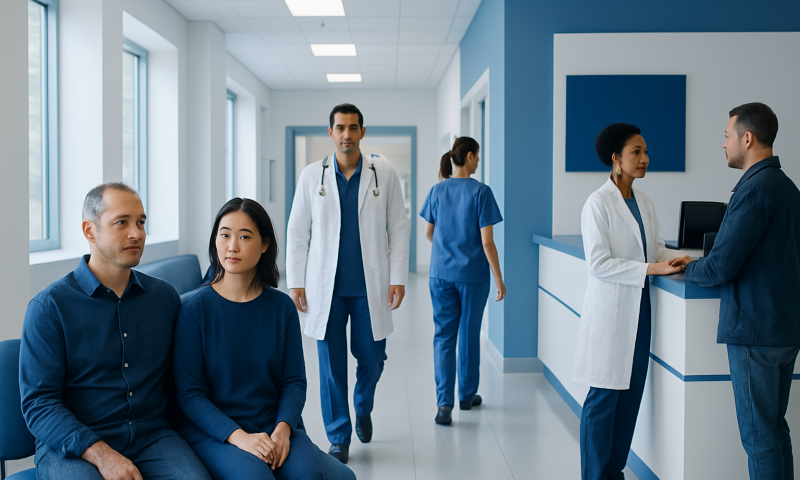 Medical team and patients in a modern hospital corridor.