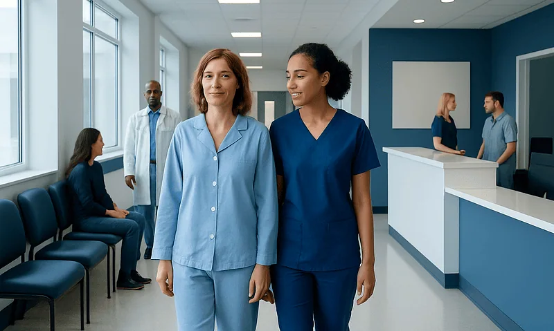 Hospital corridor with medical staff and patients, modern healthcare setting.
