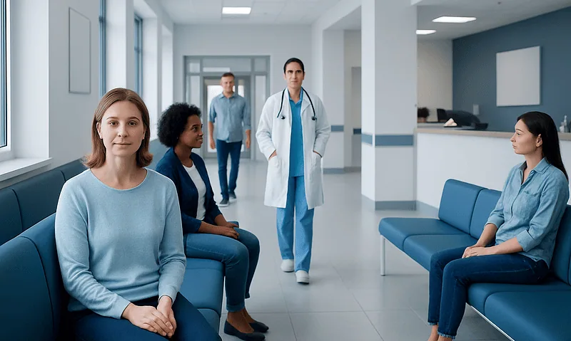 Patients waiting in a hospital corridor with medical staff present.