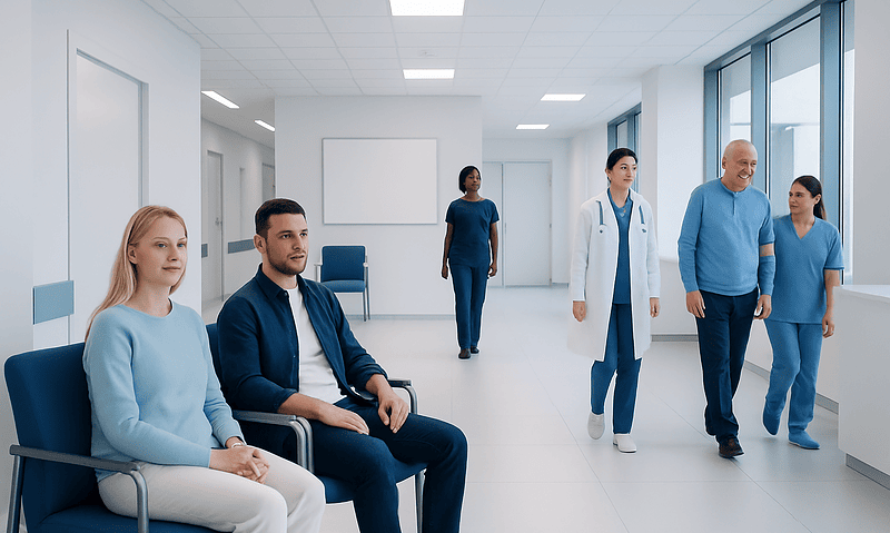 Patients waiting in a modern hospital corridor with medical staff nearby.