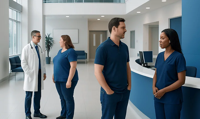Patients waiting in a hospital lobby with medical staff present.