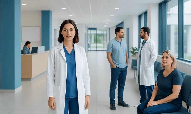 Medical professionals and patient in a modern hospital lobby.