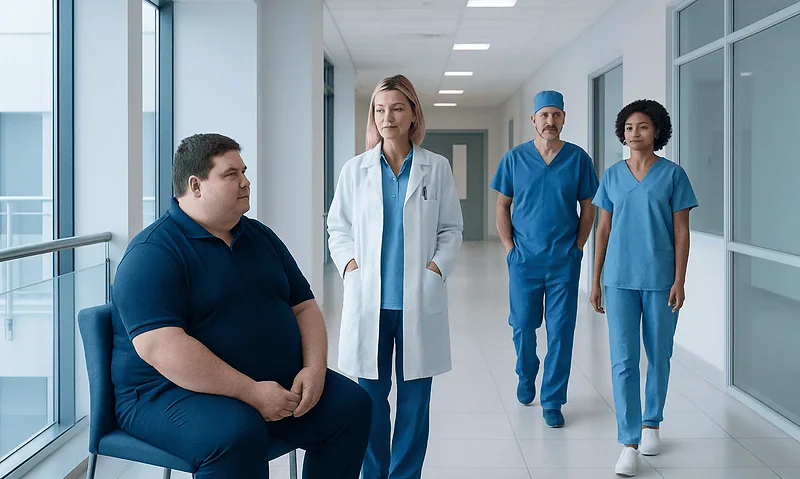 Patient consulting with medical team in hospital corridor.