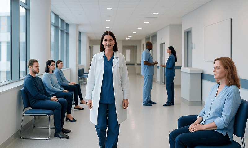 Medical staff and patients in a hospital corridor.