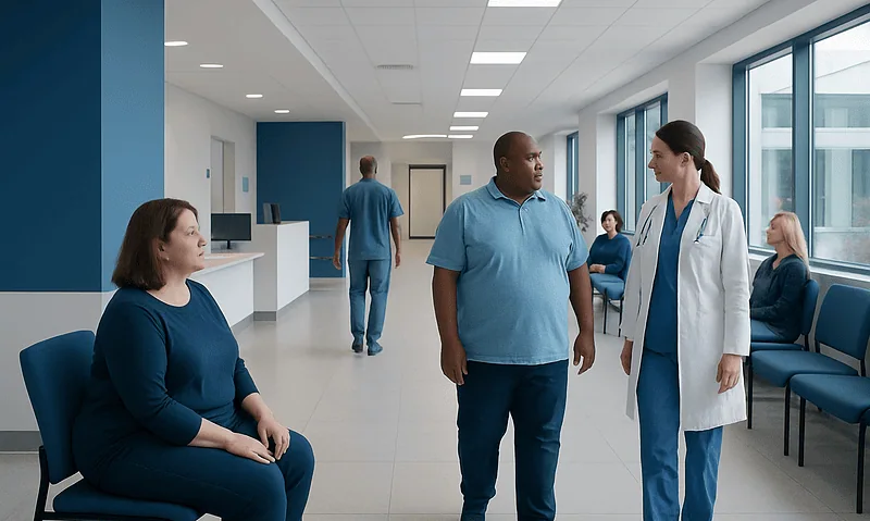 Medical staff and patients in a modern hospital corridor.
